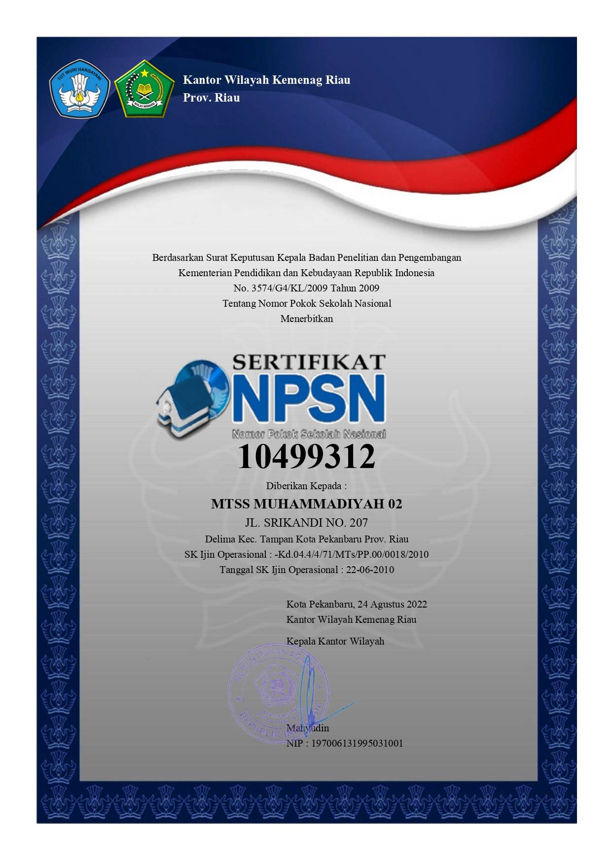 NPSN MTs Muhammadiyah 02 Pekanbaru